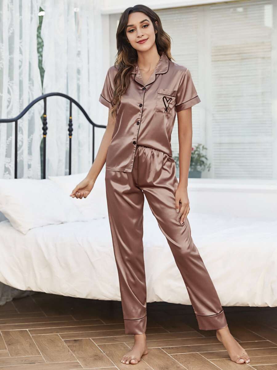 心形刺繡滾邊緞面睡衣套裝 - 咖啡棕 - 查看 1