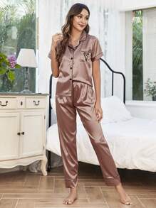 心形刺繡滾邊緞面睡衣套裝 - 咖啡棕 - 查看 5