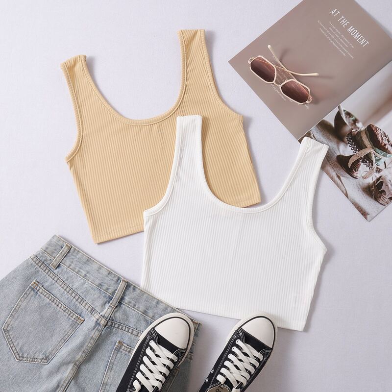 

2pcs Solid Ribbed Tank Top, Multicolor