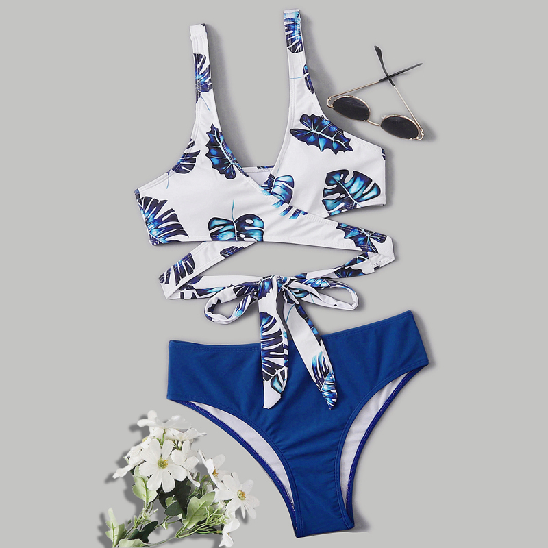 

Tropical Print Wrap Bikini Swimsuit, Blue