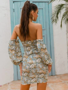 Glamaker Floral Off Shoulder Drawstring Ruched Dress