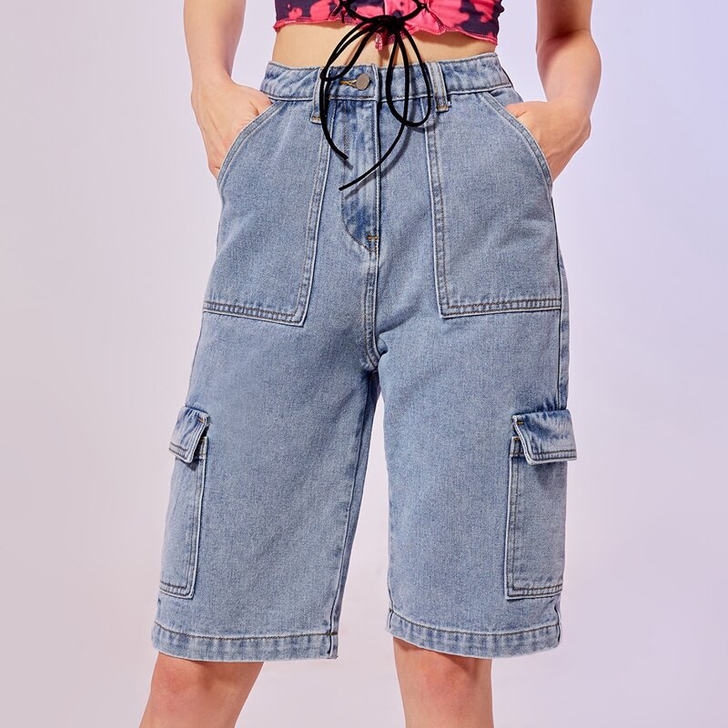 

Solid Cargo Denim Shorts, Medium wash
