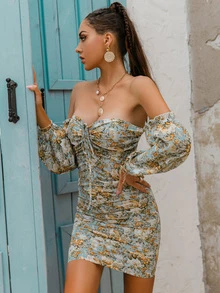 Glamaker Floral Off Shoulder Drawstring Ruched Dress