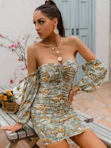 Glamaker Floral Off Shoulder Drawstring Ruched Dress