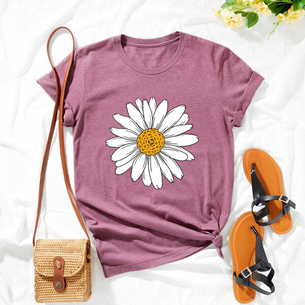 

Plus Flower Print Short Sleeve Tee, Red violet