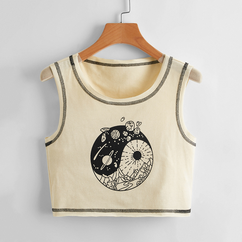 

Stitching Trim Yin And Yang Graphic Tank Top, Beige