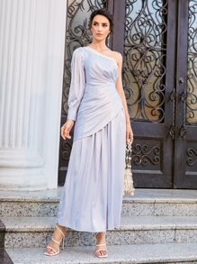 Mulvari One Shoulder Lace Trim Satin Dress - Lilac Purple - View 1