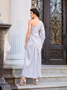 Mulvari One Shoulder Lace Trim Satin Dress - Lilac Purple - View 2