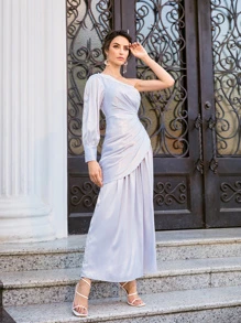 Mulvari One Shoulder Lace Trim Satin Dress - Lilac Purple - View 4