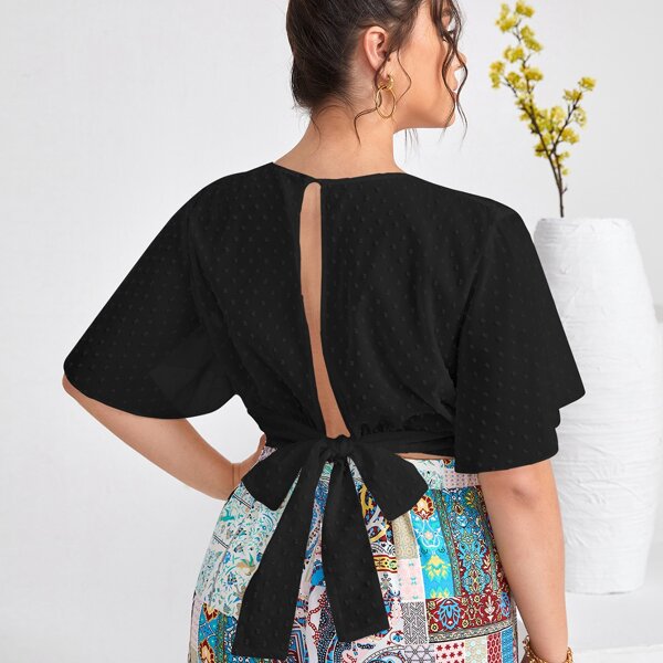 

Plus Swiss Dot Tie Back Crop Blouse, Black