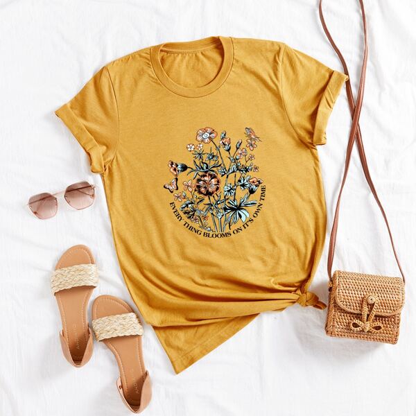 

Plus Floral & Slogan Graphic Tee, Mustard yellow
