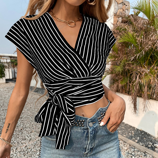 

Striped Tie Front Crop Blouse, Black