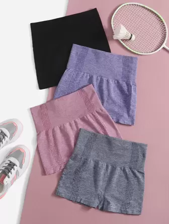 4 piezas Pantalones cortos deportivos elásticos sin costuras con cintura ancha y elástica