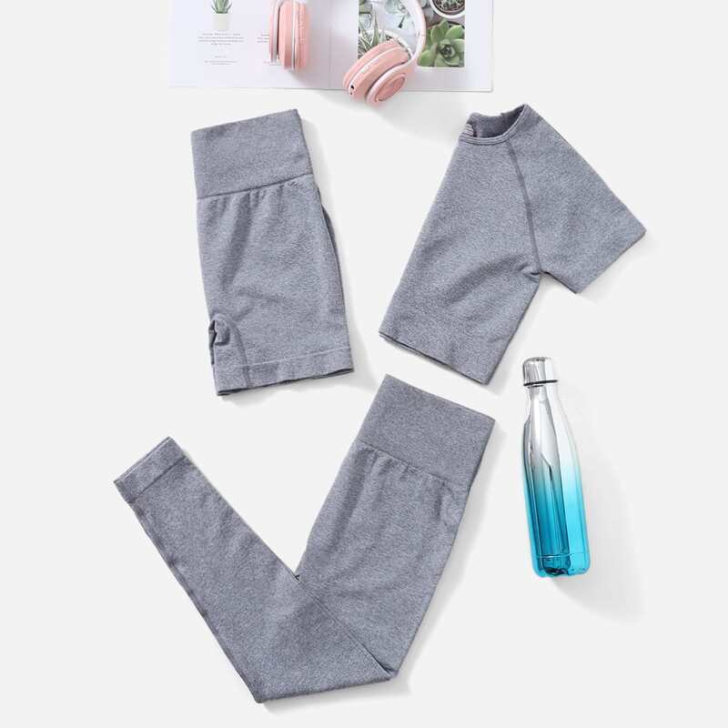 

3pcs Seamless Sports Tee & Shorts & Leggings, Grey