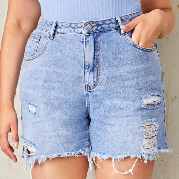 

Plus High Waist Ripped Raw Hem Denim Shorts, Light wash