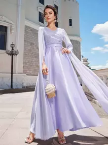 SHEIN 超長袖蕾絲細節緞面連衣裙 - 紫丁香色 - 查看 1