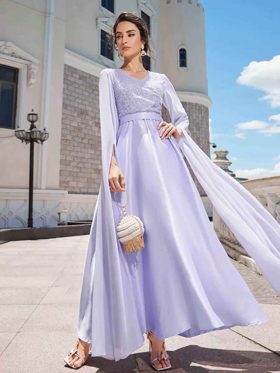 SHEIN 超長袖蕾絲細節緞面連衣裙 - 紫丁香色 - 查看 1
