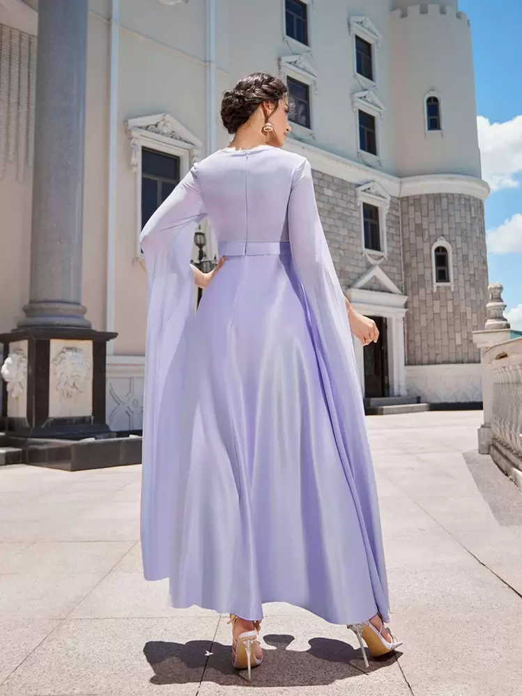 knee length dresses for ladies SHEIN Mulvari Front Lace Up Long Sleeve Pleated All-Over Print Maxi Ca |  Dress main image 0