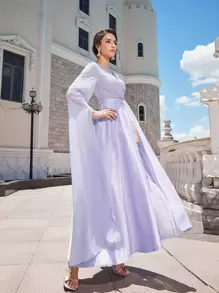 SHEIN 超長袖蕾絲細節緞面連衣裙 - 紫丁香色 - 查看 3