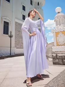 SHEIN 超長袖蕾絲細節緞面連衣裙 - 紫丁香色 - 查看 4