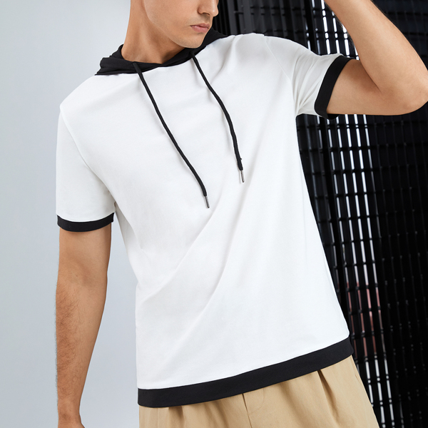 

Men Drawstring Hooded Ringer Tee, White