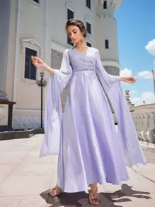 SHEIN 超長袖蕾絲細節緞面連衣裙 - 紫丁香色 - 查看 5