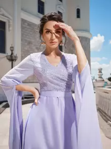 SHEIN 超長袖蕾絲細節緞面連衣裙 - 紫丁香色 - 查看 6