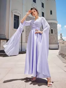 SHEIN 超長袖蕾絲細節緞面連衣裙 - 紫丁香色 - 查看 7
