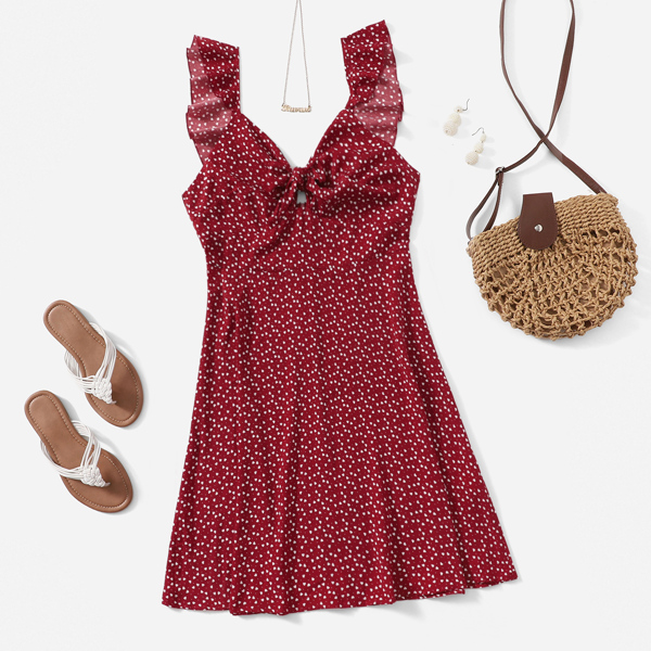 

Plus Ruffle Trim Tie Front Confetti Heart Print Dress, Burgundy