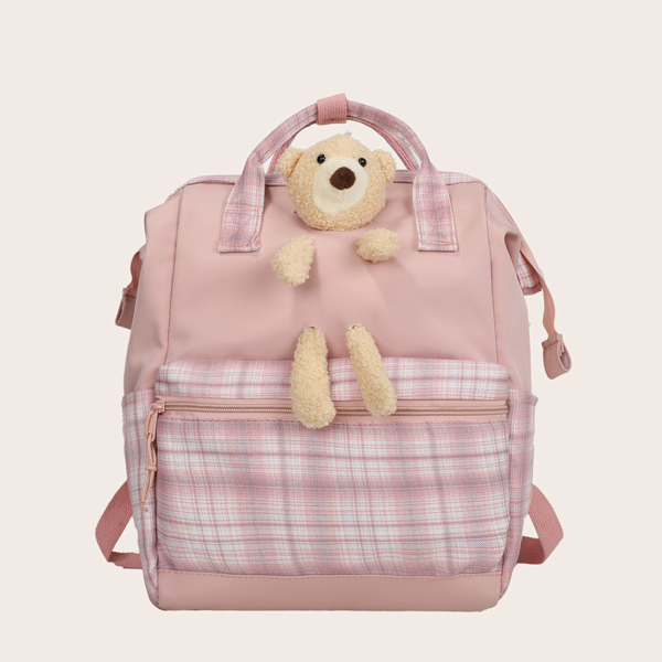 

Cartoon Decor Plaid Backpack, Pink