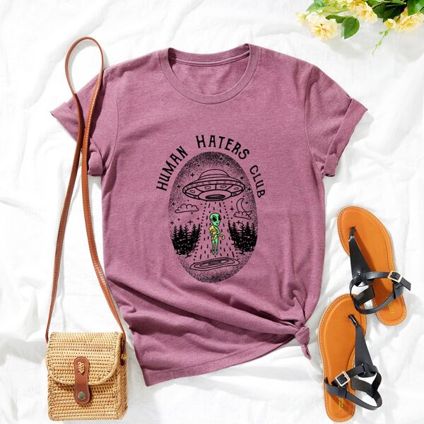 

Plus Letter & Alien Print Tee, Red violet