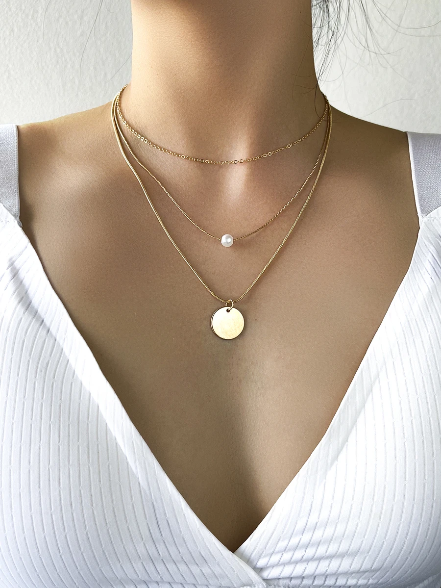 Disc Pendant Layered Necklace - Yellow Gold - View 1