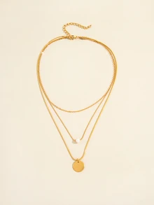 Disc Pendant Layered Necklace - Yellow Gold - View 2
