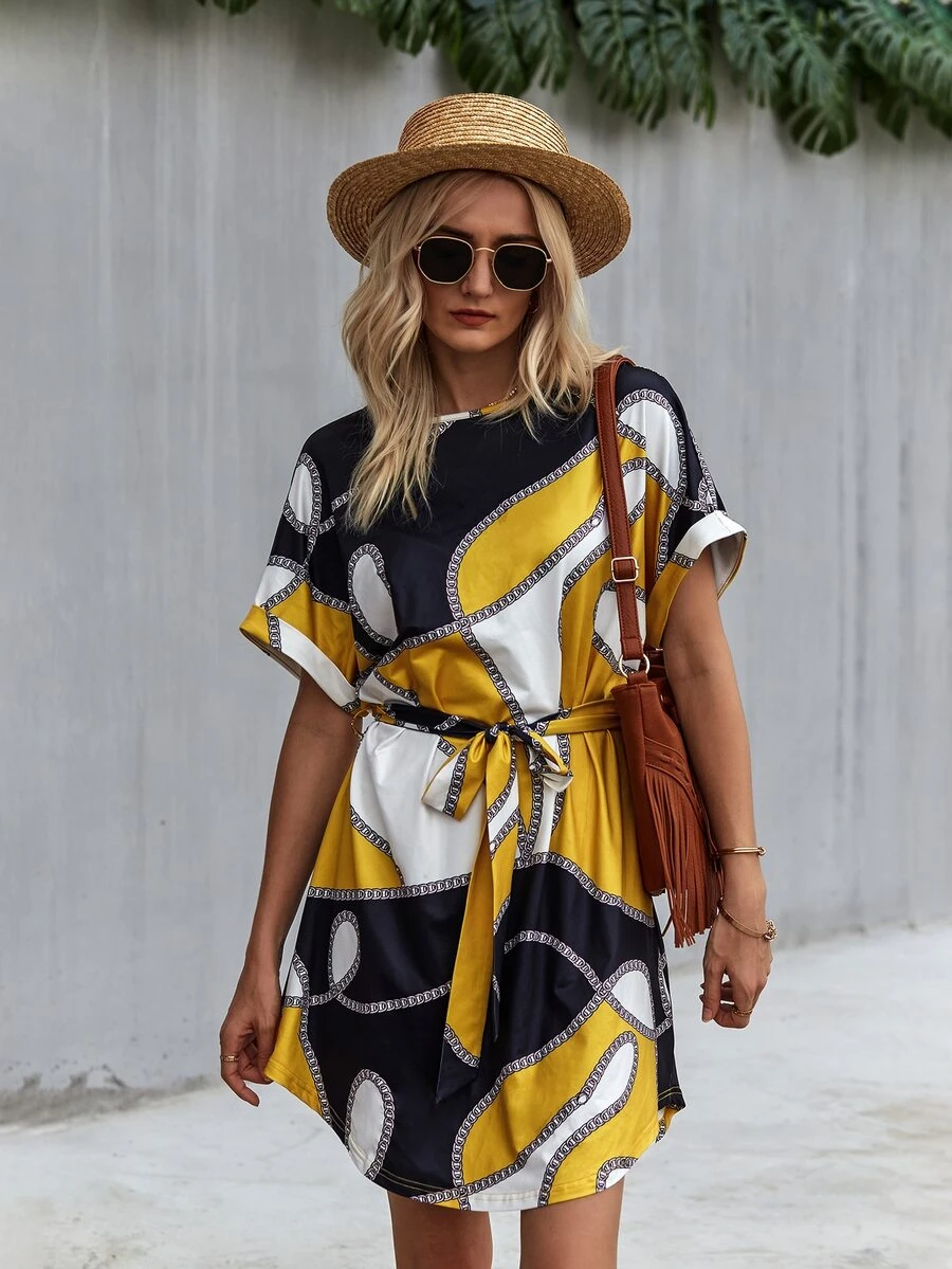 Chain Print Colourblock Belted Dress - Multicolor - View 1