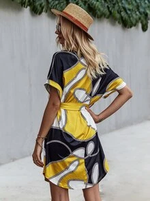 Chain Print Colourblock Belted Dress - Multicolor - View 2