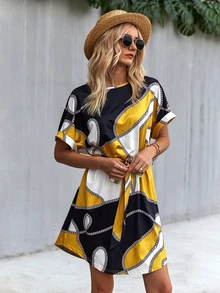 Chain Print Colourblock Belted Dress - Multicolor - View 3