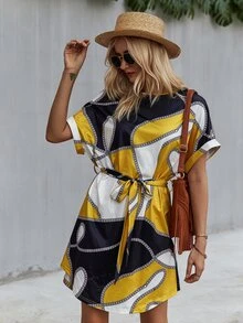 Chain Print Colourblock Belted Dress - Multicolor - View 4