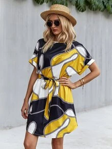 Chain Print Colourblock Belted Dress - Multicolor - View 5