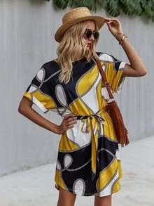 Chain Print Colourblock Belted Dress - Multicolor - View 6