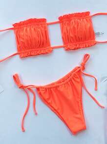 SHEIN Swim 褶邊比基尼套裝褶邊後綁帶抹胸上衣和側繫帶下裝2入組泳衣 - 橘色 - 查看 3