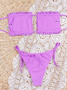 SHEIN Swim 夏日海灘褶皺荷葉邊束縛式比基尼 - 紫羅蘭色 - 查看 2
