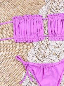 SHEIN Swim 夏日海灘褶皺荷葉邊束縛式比基尼 - 紫羅蘭色 - 查看 3
