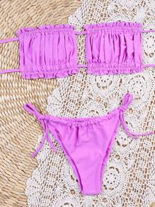 SHEIN Swim 夏日海灘褶皺荷葉邊束縛式比基尼 - 紫羅蘭色 - 查看 4