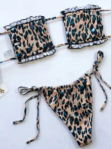 SHEIN Swim Summer Beach Ruched Frill Bandeau Tie Side Bikini - Multicolor - View 2