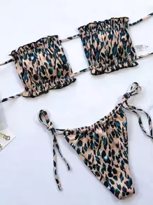 SHEIN Swim Summer Beach Ruched Frill Bandeau Tie Side Bikini - Multicolor - View 3