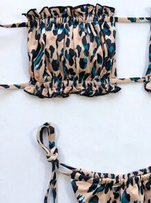 SHEIN Swim Summer Beach Ruched Frill Bandeau Tie Side Bikini - Multicolor - View 4