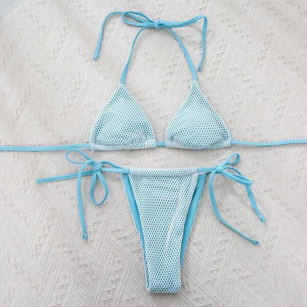 

Fishnet Overlay Halter Bikini Swimsuit, Blue