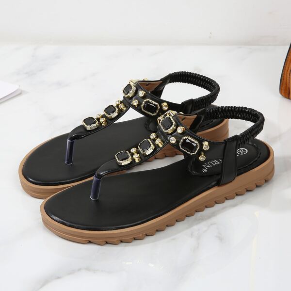 

Gemstone Decor Thong Sandals, Black