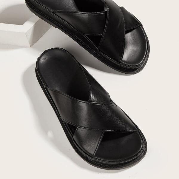 

Minimalist Cross Strap Flatform Mules, Black