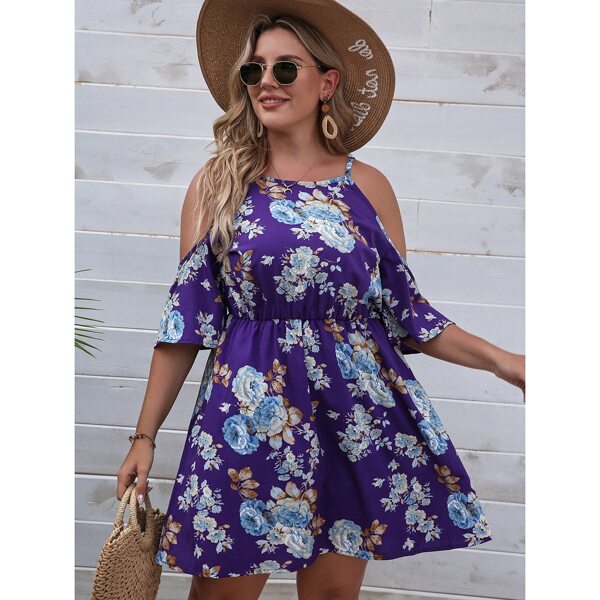 

Plus Floral Cold Shoulder A-line Dress, Purple